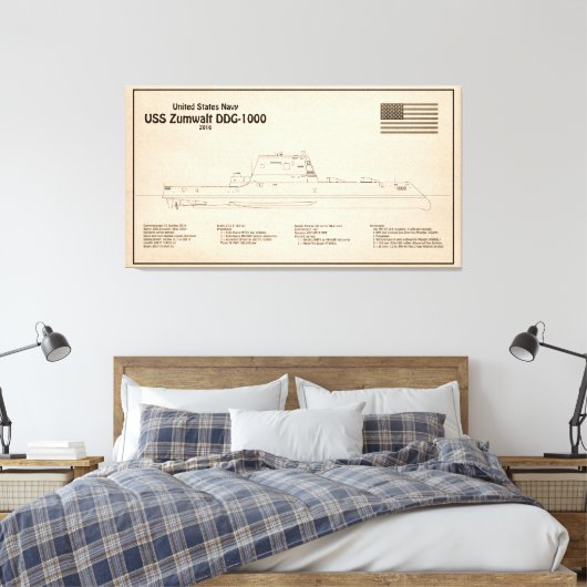 USS Zumwalt - Schiffs-Blueprint Pläne SD Leinwanddruck (Insitu (Schlafzimmer))