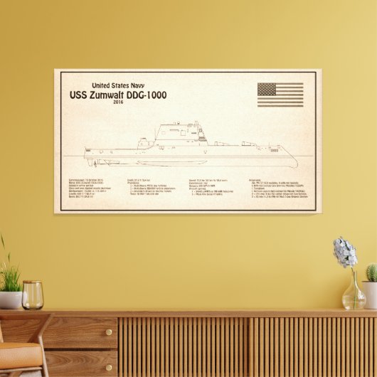 USS Zumwalt - Schiffs-Blueprint Pläne SD Leinwanddruck (Insitu (Wohnzimmer))