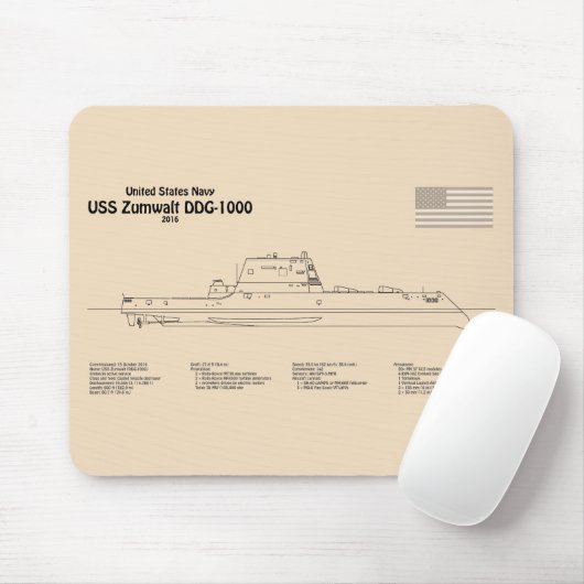 USS Zumwalt - Schiffs-Blueprint Pläne SD Mousepad (Mit Mouse)