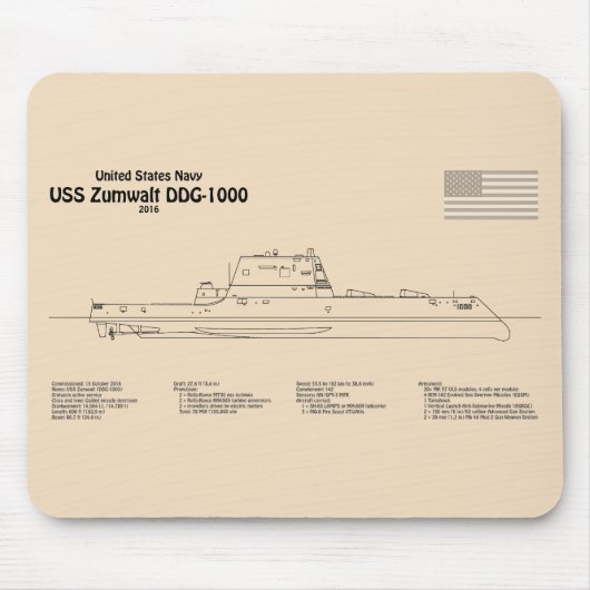 USS Zumwalt - Schiffs-Blueprint Pläne SD Mousepad (Vorne)