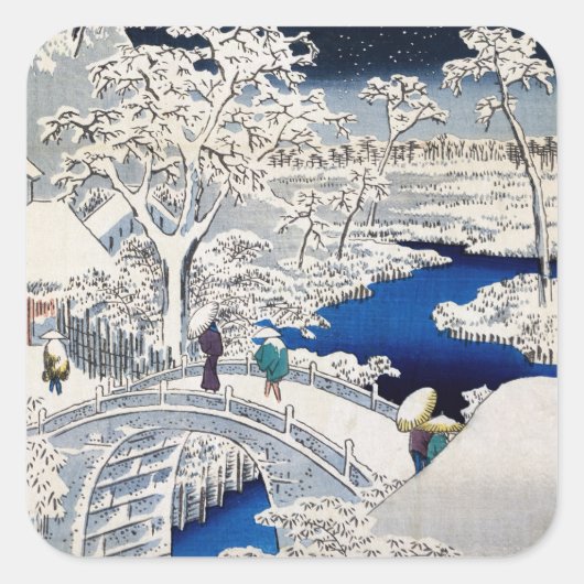 Utagawa Hiroshige - Trommelbrücke bei Meguro Quadratischer Aufkleber (Vorderseite)