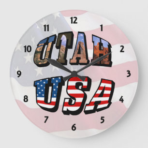 Utah-Bild und USA-Flagge-Text Große Wanduhr