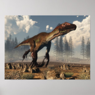 Utahraptor Dinosaurier in der Wüste - 3D-Rendering Poster