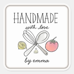 Utensilien Zutaten handmade mit Liebe Quadratischer Aufkleber