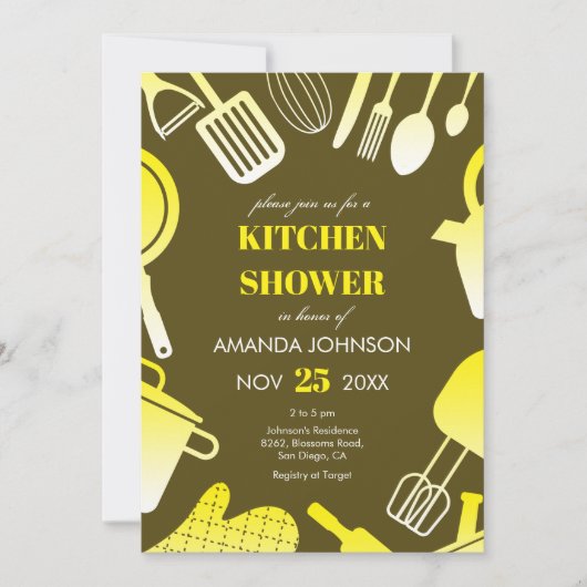 Utensils Yellow Khaki Kitchen Brautparty Einladung (Vorderseite)