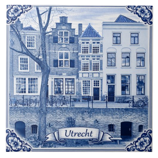 Utrecht canal houses Delft Blue style ceramic tile Fliese (Vorderseite)