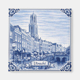 Utrecht canal houses Delft Blue style magnet