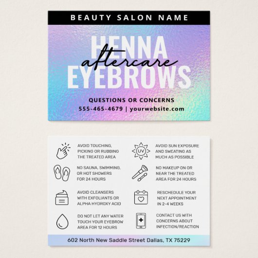 UV Gloss Holographic Henna Brows Aftercare Card (Vorne & Hinten)