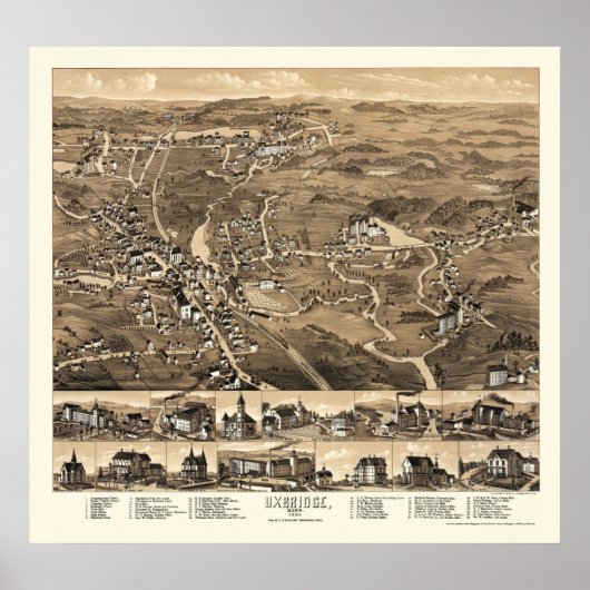 Uxbridge, MA Panoramic Map - 1880 Poster (Vorne)
