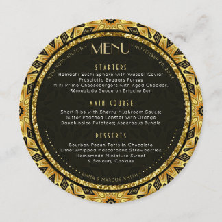 V1 Tribal Deko Gold Round Wedding Menu Card Menükarte