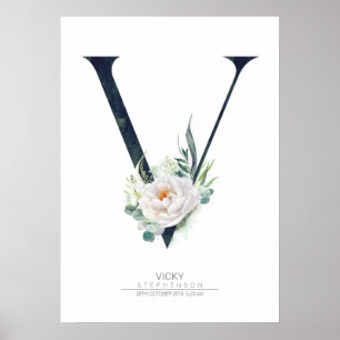 V Buchstabe Monogramm Weiße Blumen und Grün Poster