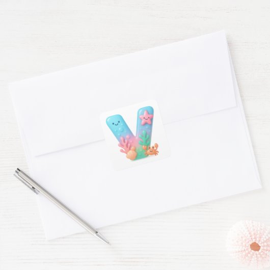 "V" Cute Letter - Underwater Sea Creature Quadratischer Aufkleber (Umschlag)