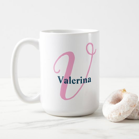 "V" Extravagantes Skriptmonogramm mit Navy-Name Kaffeetasse (Mit Donut)