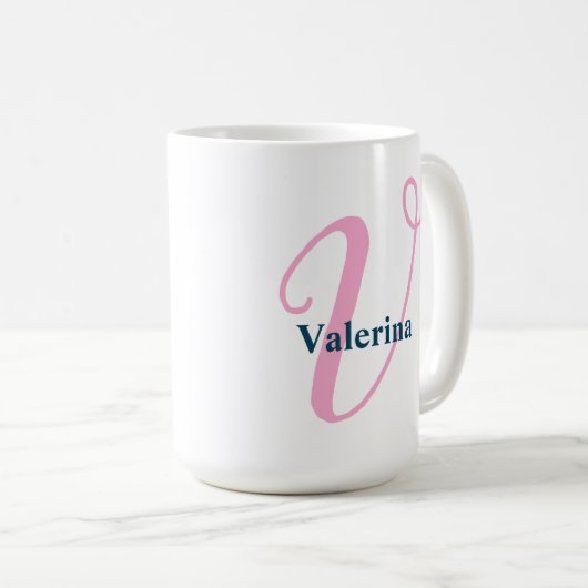 "V" Extravagantes Skriptmonogramm mit Navy-Name Kaffeetasse (VorderseiteRechts)