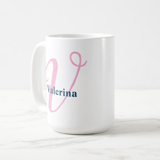 "V" Extravagantes Skriptmonogramm mit Navy-Name Kaffeetasse (Vorderseite Links)