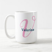 "V" Extravagantes Skriptmonogramm mit Navy-Name Kaffeetasse (Links)