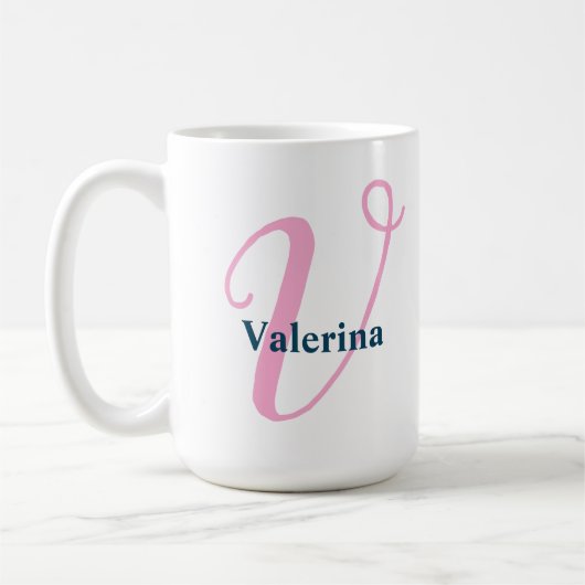 "V" Extravagantes Skriptmonogramm mit Navy-Name Kaffeetasse (Links)