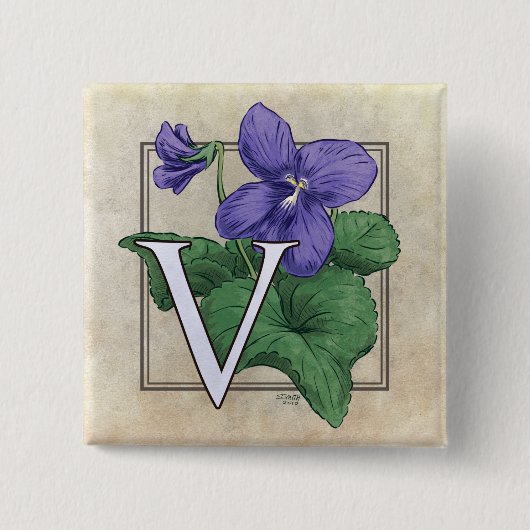 V für Veilchen-Blumen-Monogramm Button (Vorderseite)