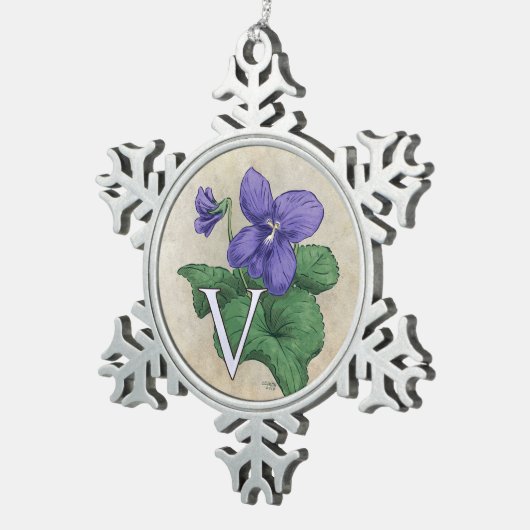 V für Veilchen-Blumen-Monogramm-Grafik Schneeflocken Zinn-Ornament (Rechts)