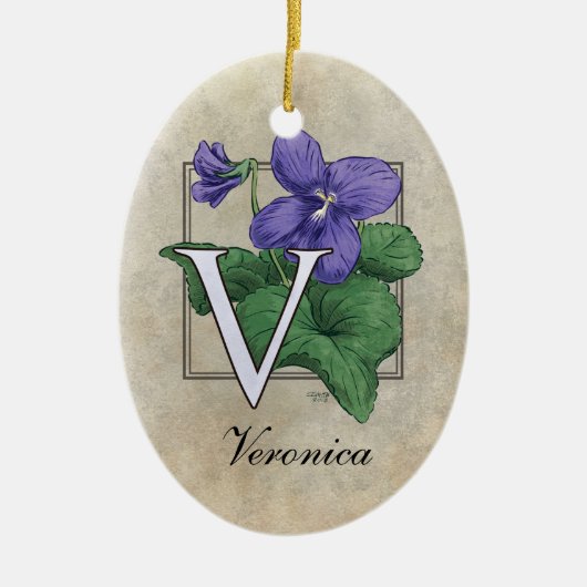 V für Veilchen-Blumen-Monogramm Keramikornament (Vorne)