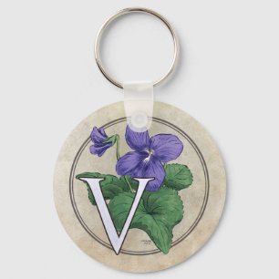 V für Veilchen-Blumen-Monogramm Schlüsselanhänger