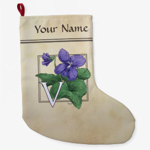 V für violettes Blumen-Alphabet-Monogramm Großer Weihnachtsstrumpf