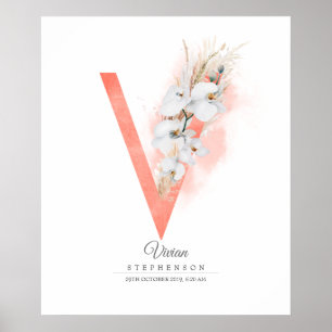 V-Initialen-Monogramm Weiße Orchideen und Pampasgr Poster
