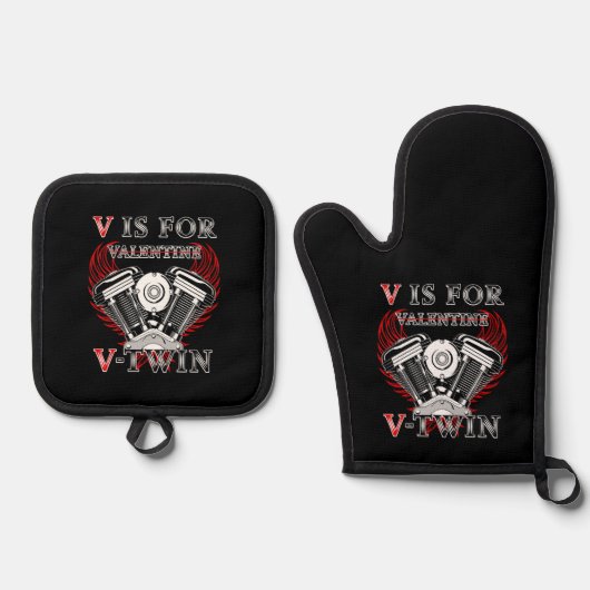 V is for Valentine, V-Twin Motorcycle. Biker Ofenhandschuh & Topflappen-Set (Vorderseite)