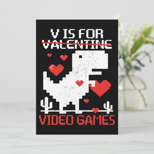 V is for Video Games Funny Dinosaur T Rex Valentin Einladung (Stehend Vorderseite)