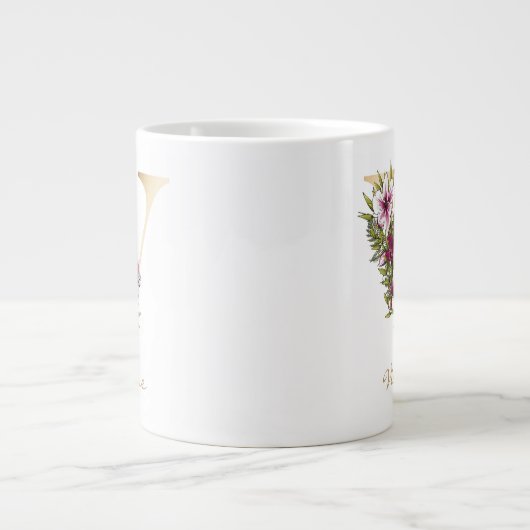 V Letter Gold Monogram Marsala White Florals Jumbo-Tasse (Vorderseite)