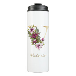 V Letter Gold Monogram Marsala White Florals Thermosbecher