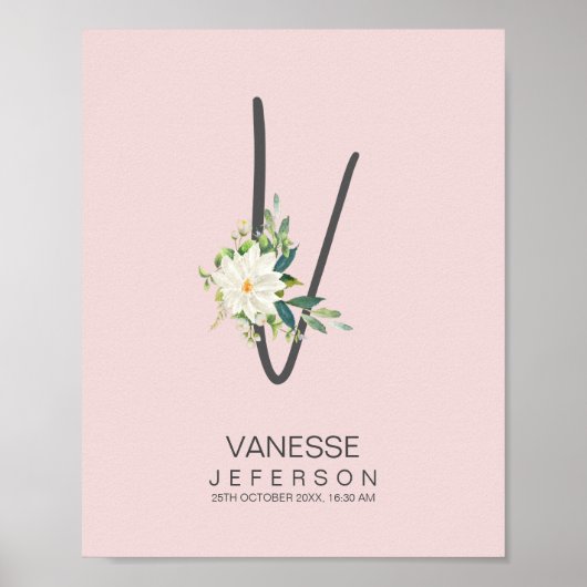 V Letter Monogram Blush Floral Decor Poster (Vorne)
