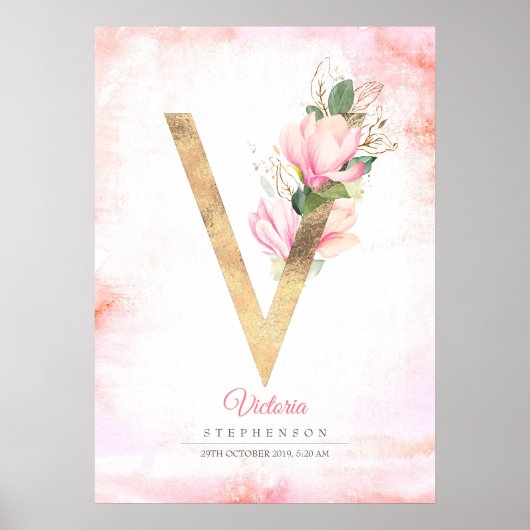 V Letter Monogram Gold Blätter Pink Magnolia Flora Poster (Vorne)