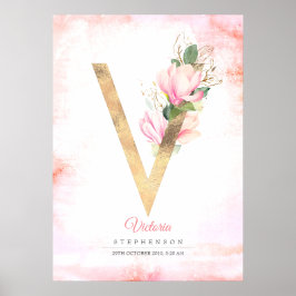 V Letter Monogram Gold Blätter Pink Magnolia Flora Poster