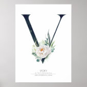 V Letter Monogram Weiße Blume und Grüne Poster (Vorne)