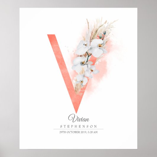 V Letter Monogram White Orchias and Pampas Grass Poster (Vorne)