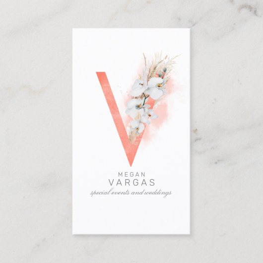 V Letter Monogram White Orchias and Pampas Grass Visitenkarte (Vorderseite)