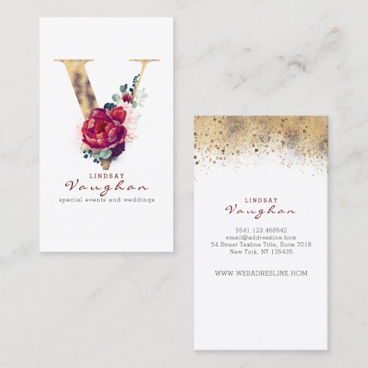 V Monogram Burgundy Red Blume and Gold Glitzer Visitenkarte (Vorne/Hinten)