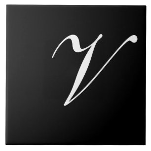 V Monogram, Initial White on Black Fliese