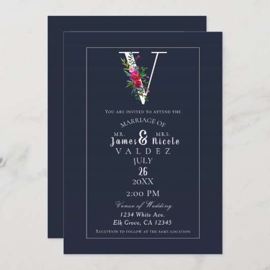 V Monogram Letzte erste Hochzeit mit moderner Blau Einladung (Vorne/Hinten)