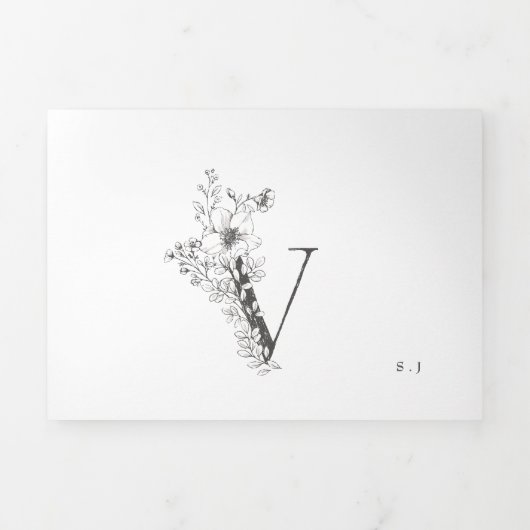 'V' Monogram Schöne gezeichnete Blumenhochzeit Dreifach Gefaltete Einladung (Cover)