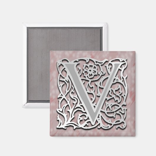 V Monogram 'Silver Stone' 2" Square Magnet (Vorderseite/Rückseite)