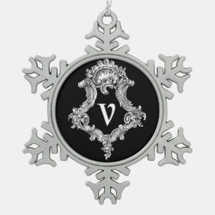 V Monogramm Anfangsornament Schneeflocken Zinn-Ornament