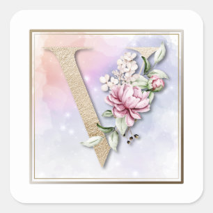 V Monogramm Rosa Rose Quadratischer Aufkleber