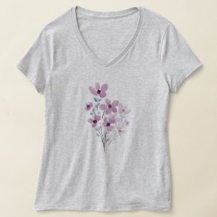 V-Neck-T - Shirt für Frauen lila violette Blumen