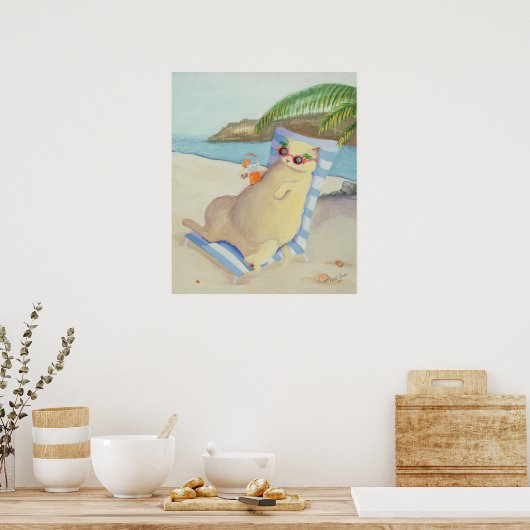 Vacation Beach Cat Under Palm Tree Wall Art Poster (Küche)