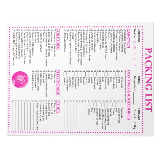 Vacation Packing List, Personalized Globe Monogram Notizblock (Vorderseite)