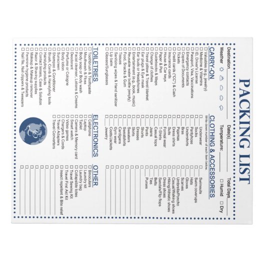 Vacation Packing List, Personalized Globe Monogram Notizblock (Vorderseite)