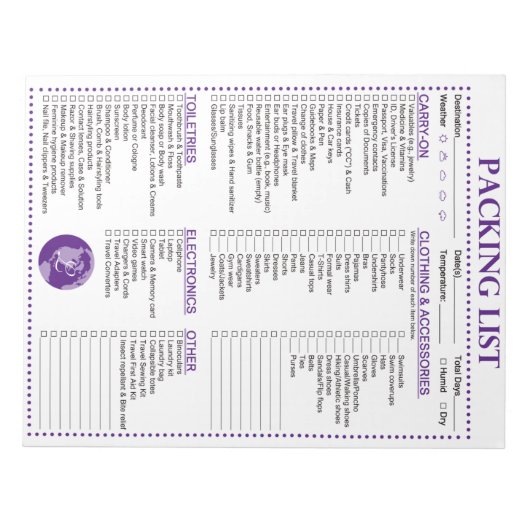 Vacation Packing List, Personalized Globe Monogram Notizblock (Vorderseite)