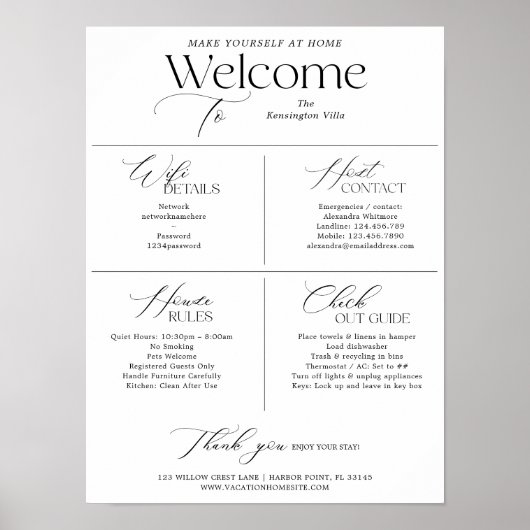 Vacation Rental Host Welcome House Rules WiFi Sign Poster (Vorne)